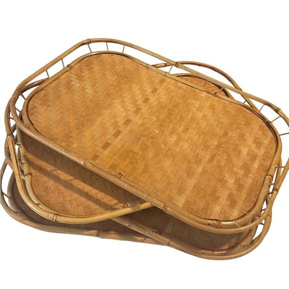 Other - Rattan Bamboo Woven Vintage Trays Set of 4 18.5 x 13 Inches